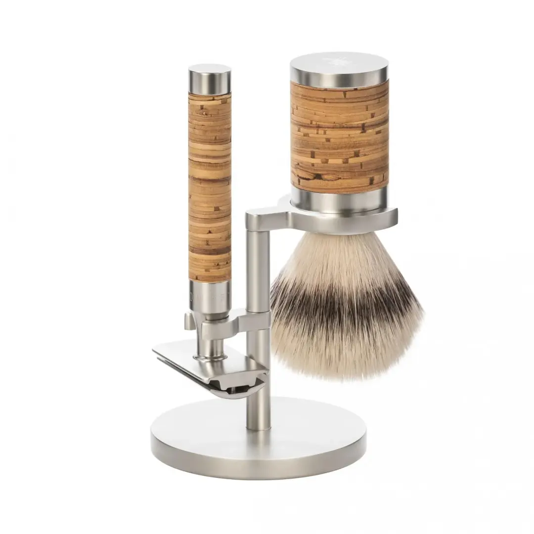 MÜHLE ROCCA 3 Pc. Shaving Set, Silvertip Fibre® Brush & Safety Razor, Stainless Steel, Birch Bark