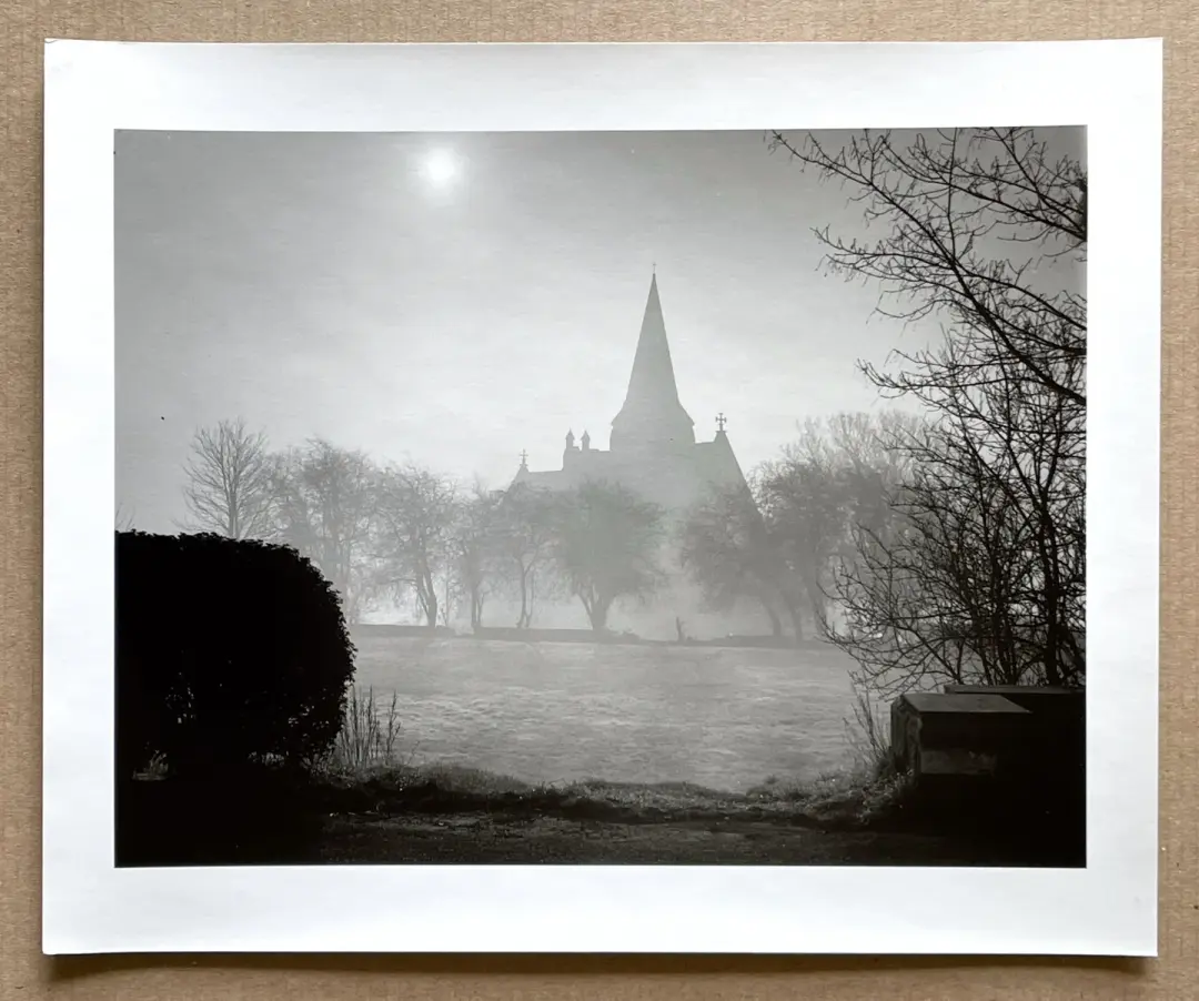 Church in early morning mist.