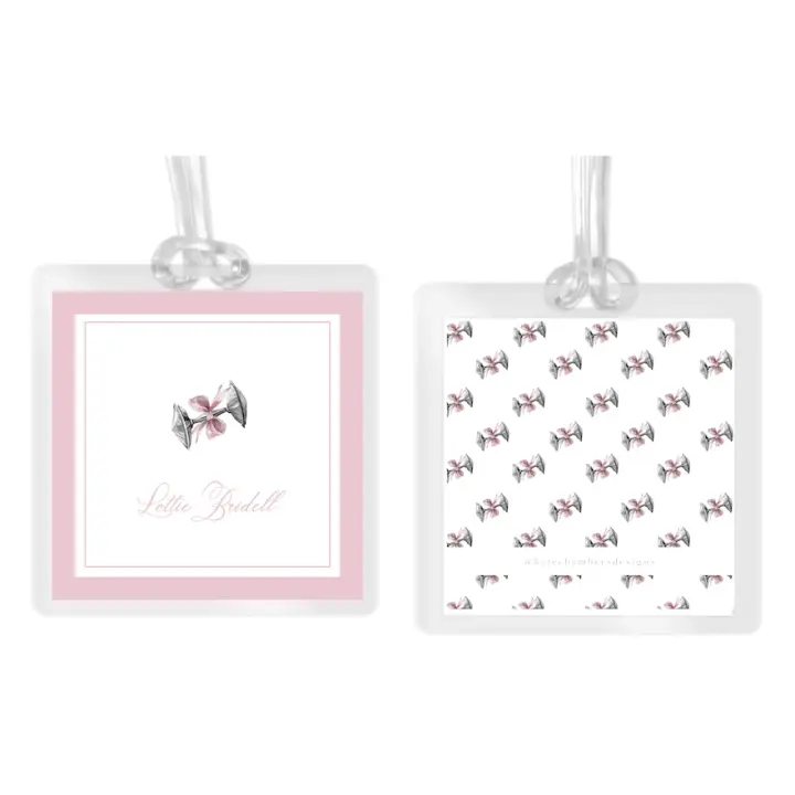 Girl's Watercolor Silver Rattle with Pink Bow Square Laminated Bag Tag