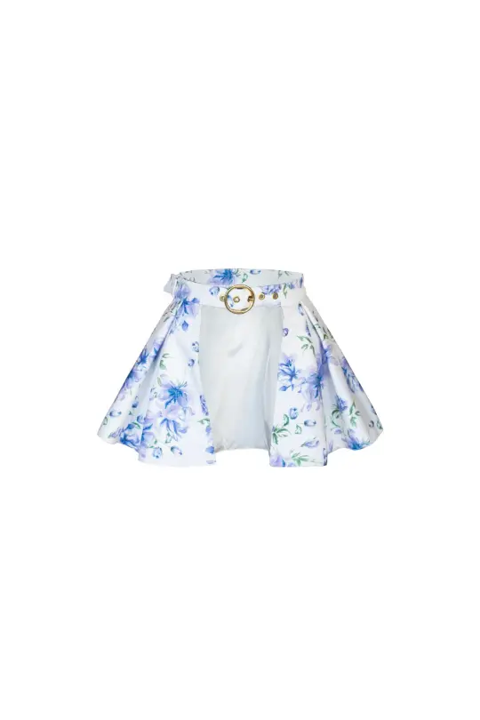 Buckle Belt with Peplum Detail in White with Blue Flower print | Floral White