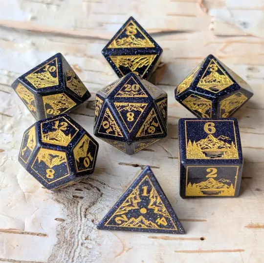 Everwild Blue Goldstone Gemstone Dice – Forest & Mountain Etched 7-Piece Set | Fennek & Finch