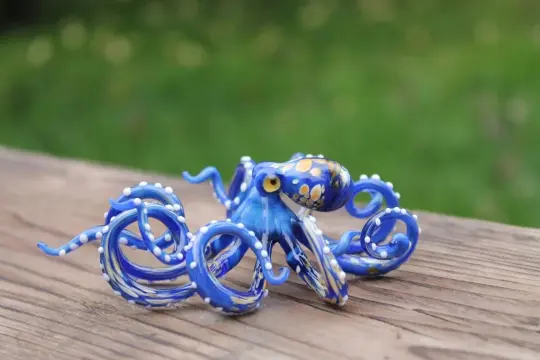Blue Glass Octopus Figurine With Yellow Dots, Handmade Marine Art