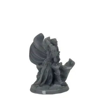 Unpainted 32mm 3D-printed elf sorceress wrapped in an enormous hooded cloak with her hands drawn together — tabletop RPG miniature for D&D, Pathfinder & wargaming