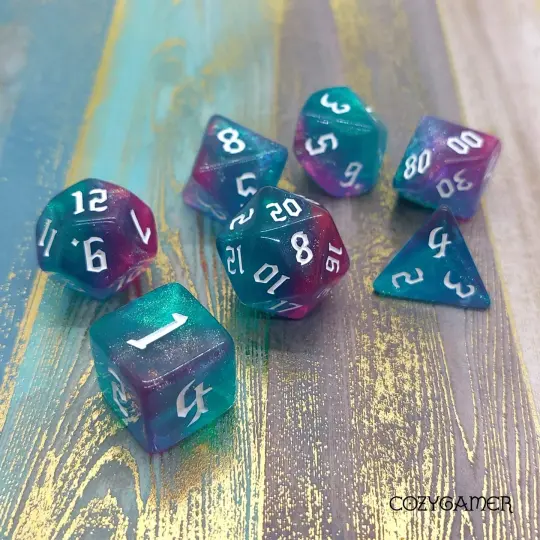 Bright Bolt Dice Set – 7-Piece Marbled Blue Purple Glitter DnD Dice