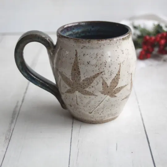 Pressed Maple Leaves Nature Mug, 12 Ounce Rustic Pottery Mug, Made in USA