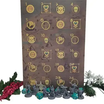 DnD advent calendar with 24 doors shown with unpainted 3D printed fantasy miniatures and a polyhedral dice set