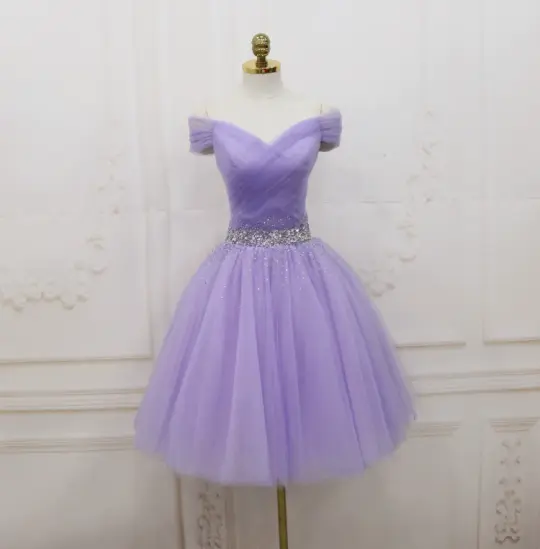Minimalist Purple Homecoming Dress ,Tulle Beaded Corset Short Prom Dress RS1671