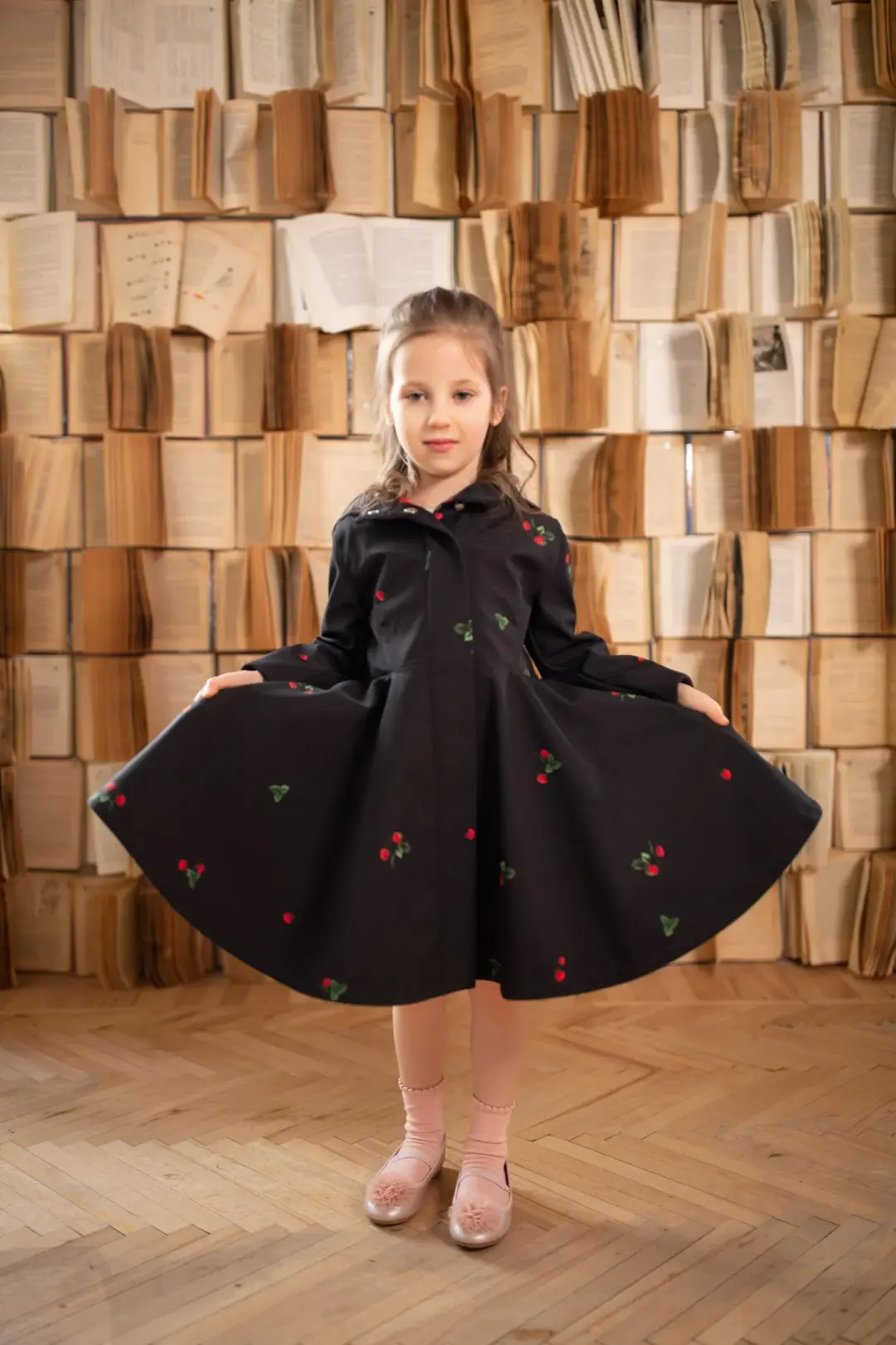 Girls' Black Coat with Red Strawberry Print | Wild Strawberry