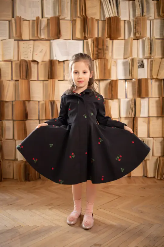Girls' Black Coat with Red Strawberry Print | Wild Strawberry