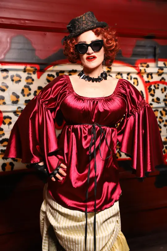 Flounce Blouse in Garnet Satin - The Lipstick and Caviar Collection