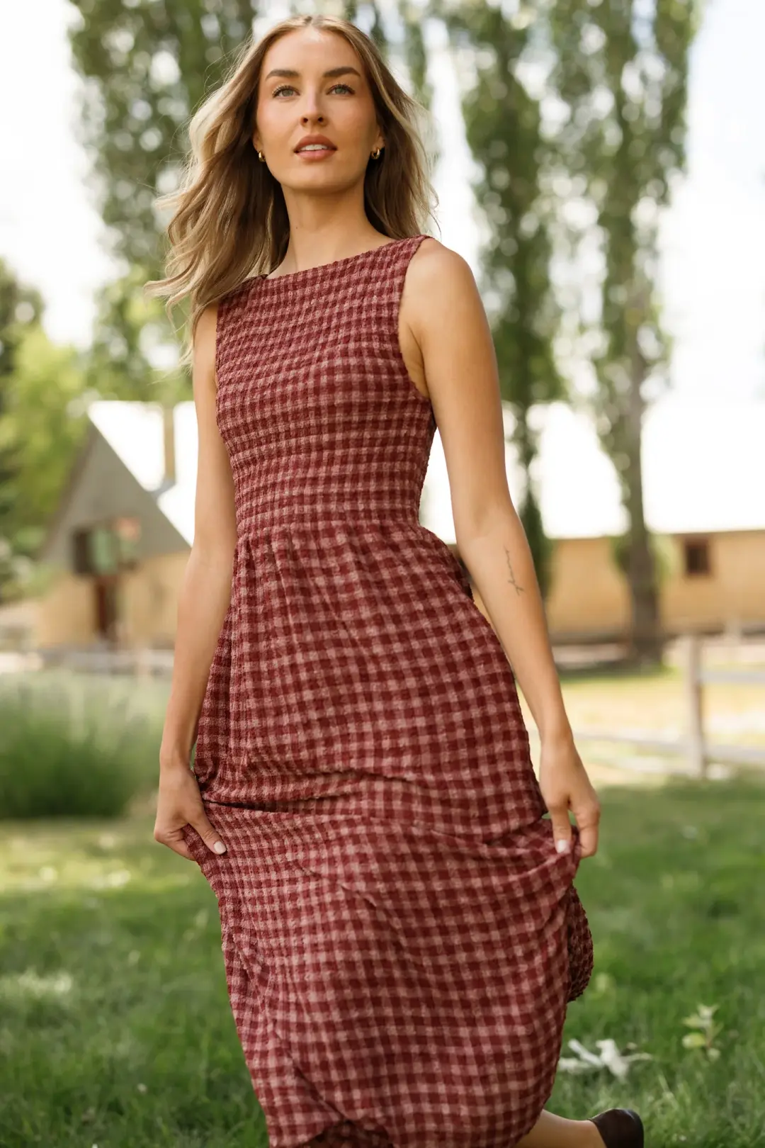 Ana Dress in Cranberry Popcorn Plaid
