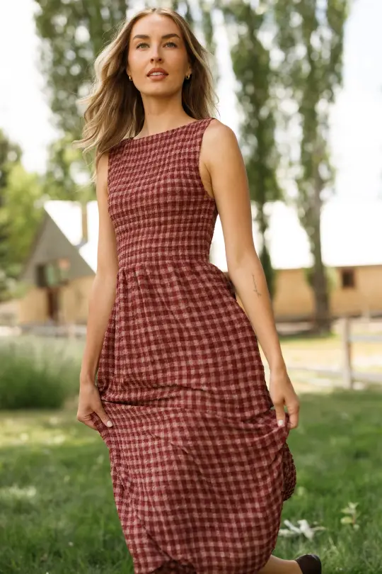 Ana Dress in Cranberry Popcorn Plaid