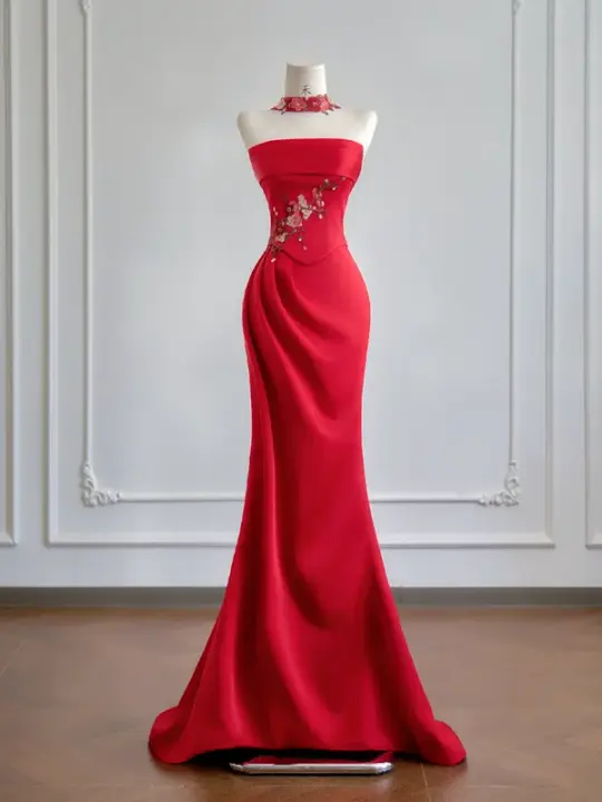 Red strapless, fitted waist, elegant long ball gown R8170