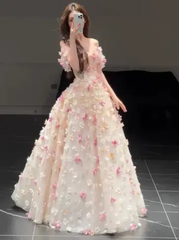 Charming Champagne Prom Dress ,A-Line Off-the-shoulder Applique Corset Maxi Evening Dress RS1088