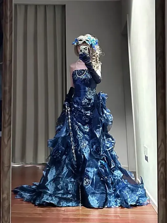 Blue strapless fitted long ball gown R8633