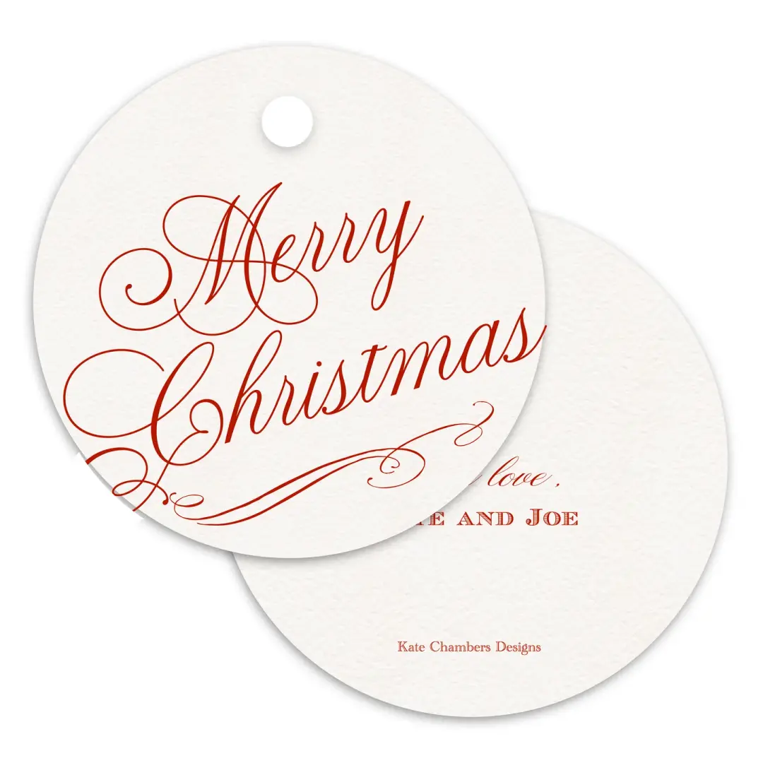 White and Red "Merry Christmas" Script Round Holiday Gift Tag