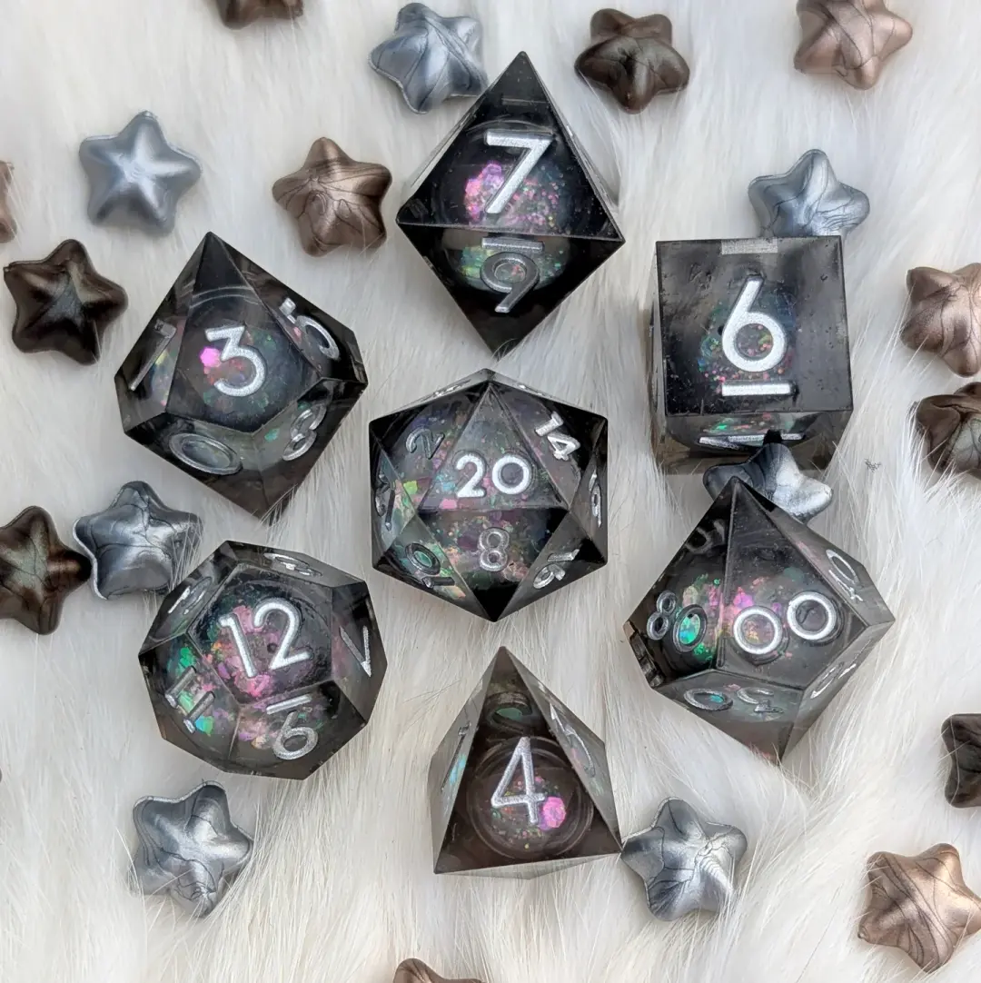 Liquid Core DnD Dice Set - Black Iridescent Glitter - Moonlit Prism