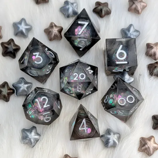 Liquid Core DnD Dice Set - Black Iridescent Glitter - Moonlit Prism