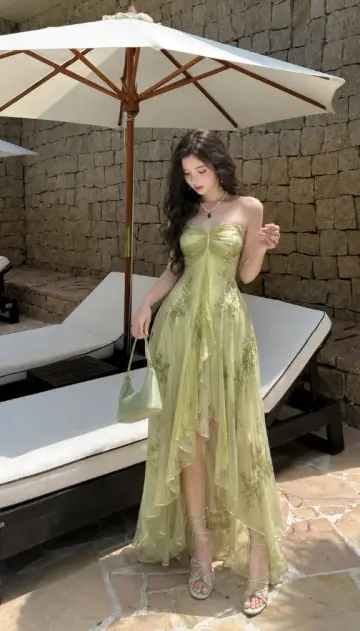 Flowy Green Prom Gown , Chiffon Floral Corset Hi-Lo Summer Dress Party Dress RS1413