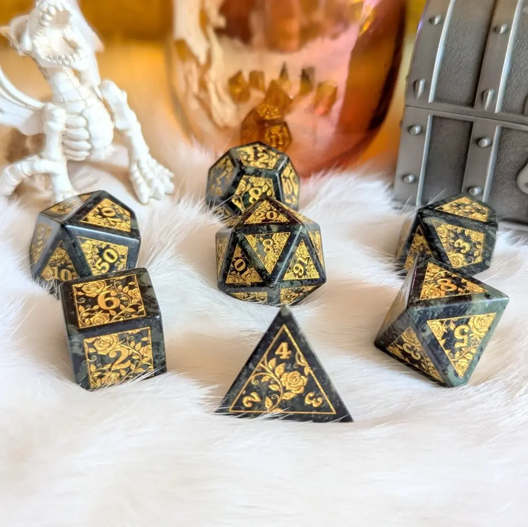 Kambaba Jasper Rose Dice Set – 7-Piece Real Gemstone Engraved DnD Dice