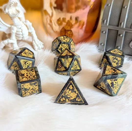 Kambaba Jasper Rose Dice Set – 7-Piece Real Gemstone Engraved DnD Dice
