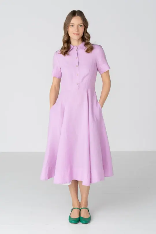 Frida – Short Sleeve Linen Dress with Shirt Collar