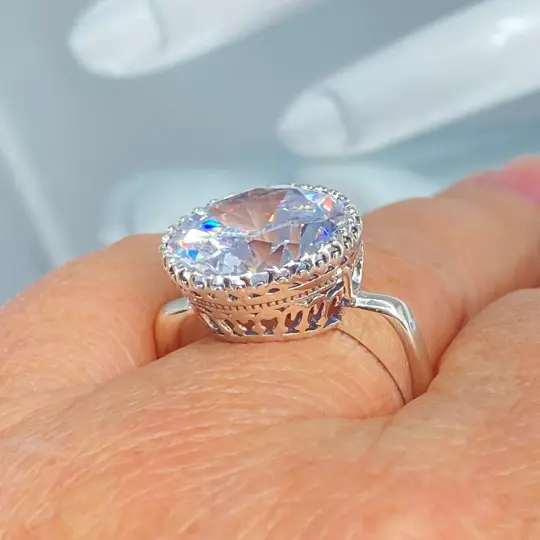 White CZ Ring, Size 9, Round Gem, Silver Filigree Art Deco Jewelry, D188 - Ready to Ship