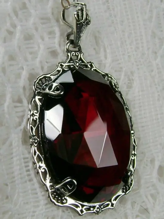 Red Garnet CZ Pendant, Victorian Reproduction Pendant Necklace, Bubble P10