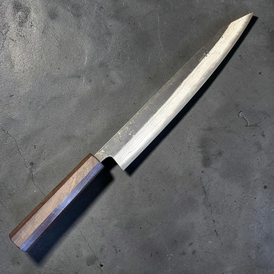 Hatsukokoro Kumokage Blue #2 Kurouchi Damascus 255mm Kiritsuke Sujihiki – Mono Ebony Handle