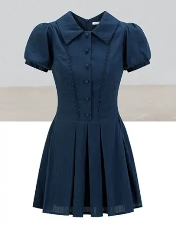 Navy Blue Puff Sleeve Dress with Peter Pan Collar and Elastic Waist R9175