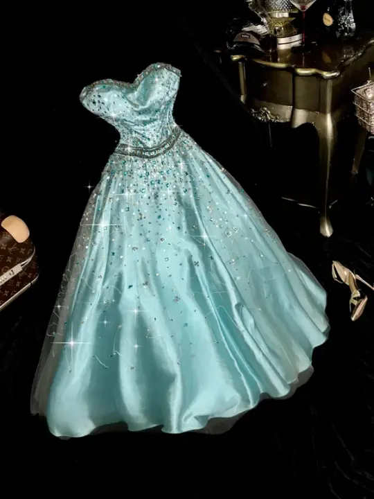 Light blue strapless beaded fitted long ball gown R6893