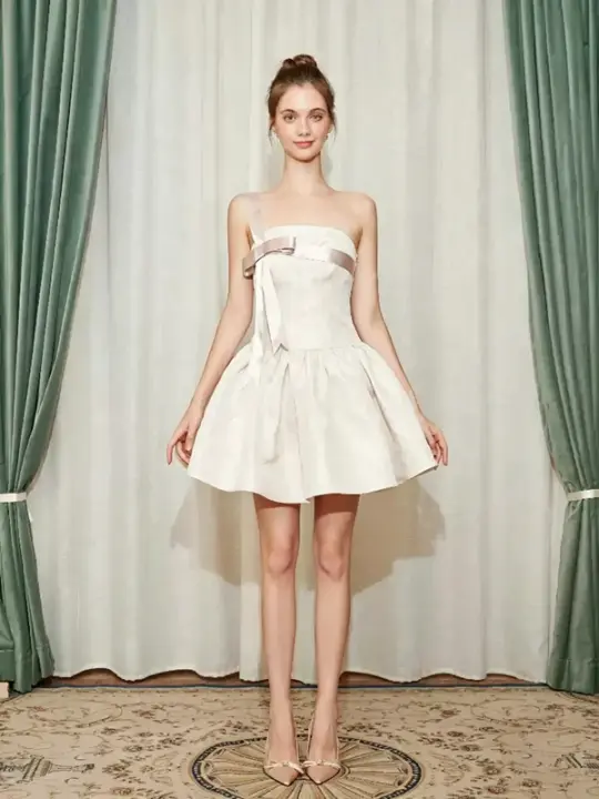 Sweet Spaghetti Strap Tiered Mini Dress with Bow and Ruffle R9150