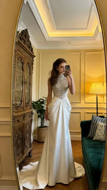 Silver-embellished white bodycon satin long ball gown, bridal dress R8597