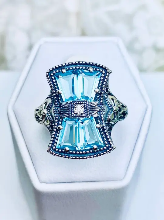 Aquamarine Ring, Size 8, Versailles Sterling Silver Bow & Baguette CZ Ring, Baroque Jewelry D595 - Ready to ship