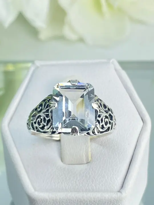 Natural White Topaz Ring, Size 7, Silver Victorian Scroll Filigree D46 - Ready to Ship