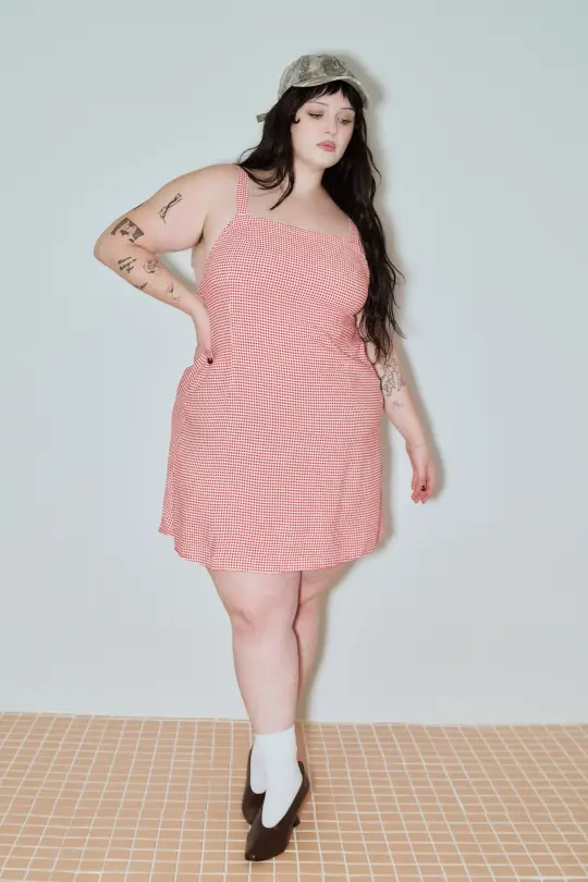 Soft Linen Apron Mini Dress Red Gingham