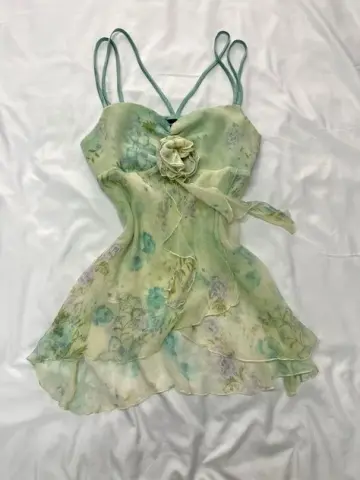 Green floral suspenders waist slimming fresh mini skirt homecoming dress R2682
