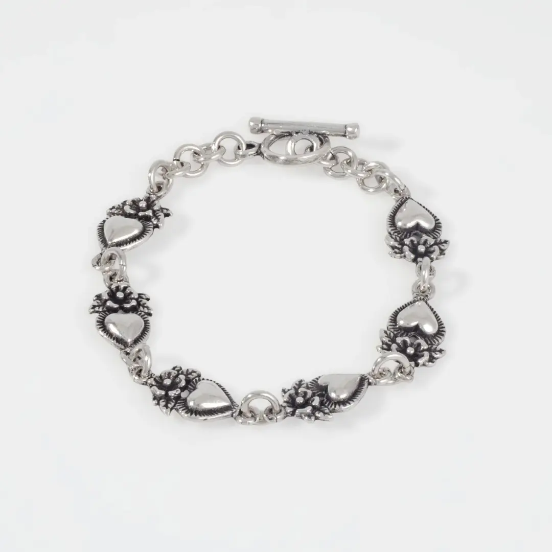 Sterling Silver Flowered Hearts Bracelet