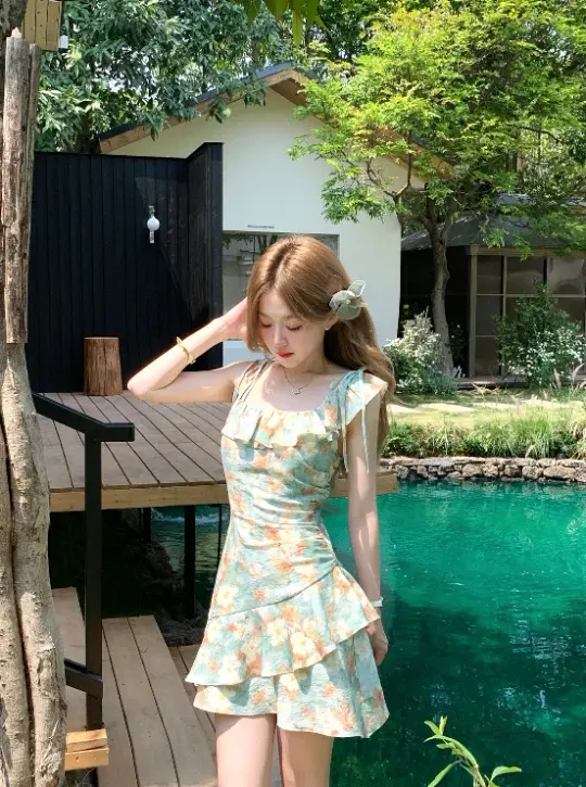 Green oil painting waist dress holiday design suspenders floral dress women summer R3909