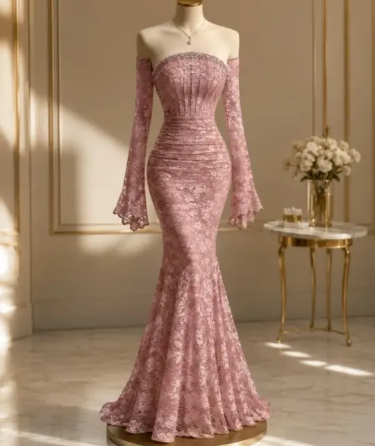 Dusty Pink Elegant Prom Gown , Lace Bodycon Maxi Evening Dress Celebrity Dress RS1628