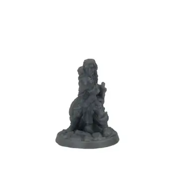Unpainted 32mm 3D-printed bearded fighter resting beside a marching pack with a round boss-centred shield — tabletop RPG miniature for D&D, Pathfinder & wargaming