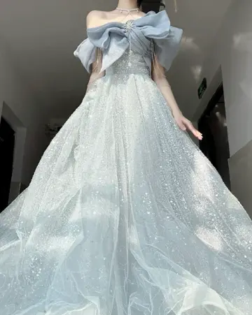 Elegant Pale Blue Glitter A-Line Bateau Corset Maxi Evening Dress RS572