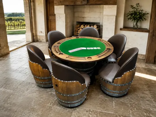 Whiskey & Wine Barrel Game Table Set — Poker Top and Dining Top Included, 6 Chairs
