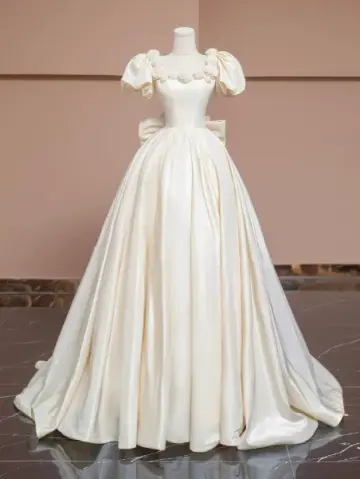 Satin Silky Corset Prom Gown ,  Elegant Ivory Maxi Queen Evening Dress Ball Gown RS1837