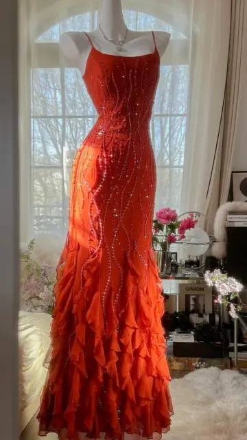 Bright Orange Beaded Prom Dress,Mermaid Spaghetti Straps Pleated Corset Maxi Party Dress Cami Dress RS1044