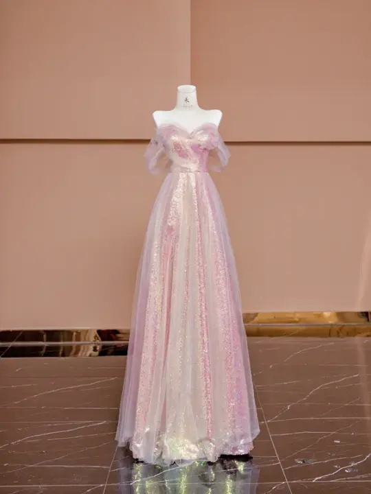 Light pink off-the-shoulder sequined fitted long ball gown, bridal dress R8425