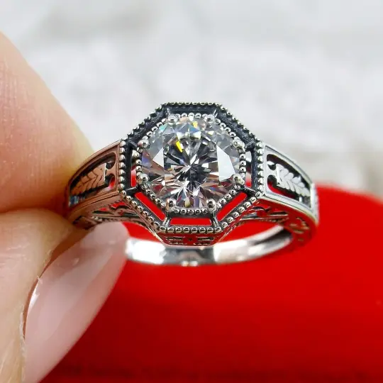 Eiffel Ring, Size 5, Lab Moissanite gemstone, Art Deco Jewelry #D240 - Ready to Ship