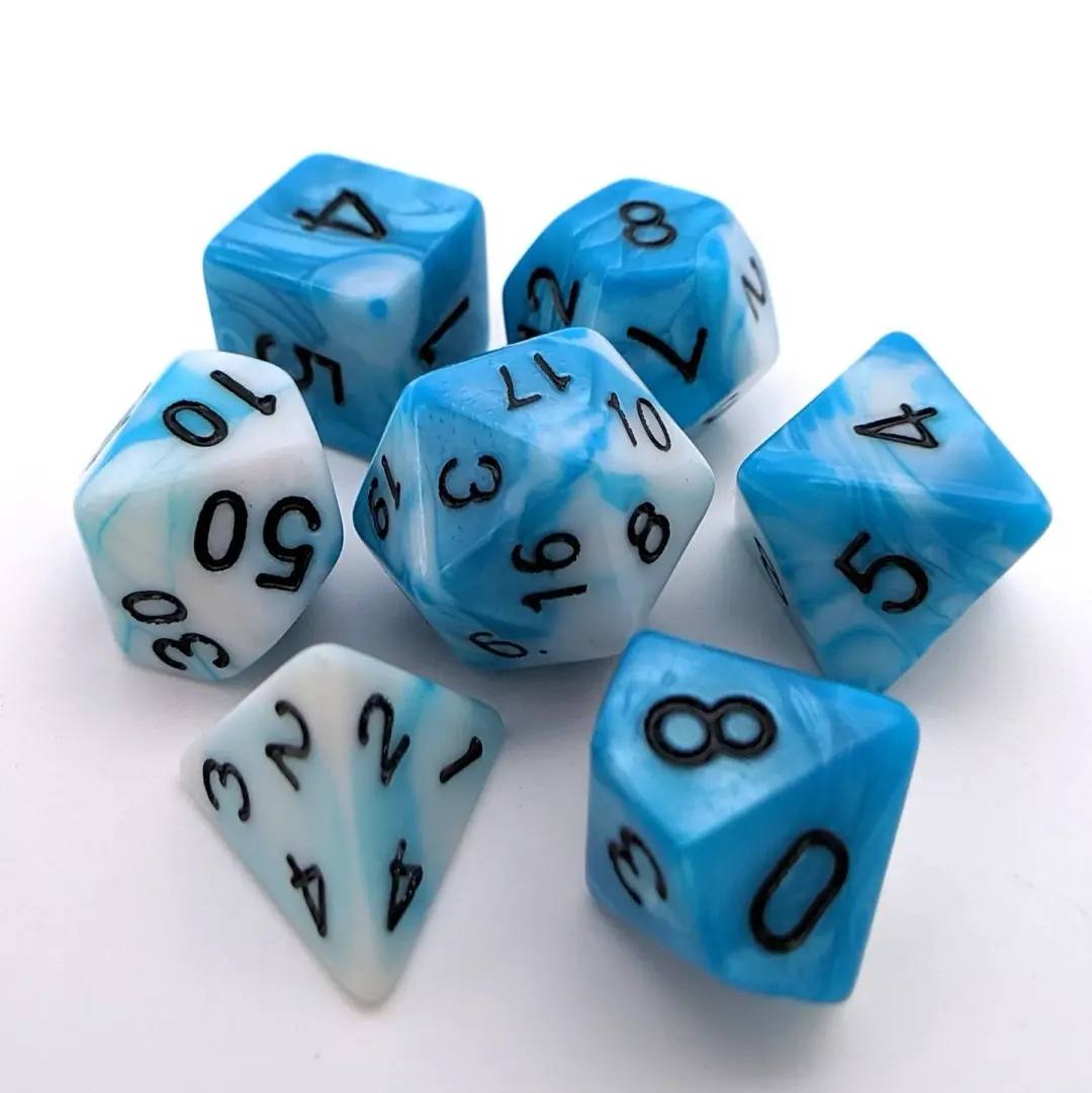 Shark Eye Dice Set – 7-Piece Blue White Marbled Ocean Swirl DnD Dice