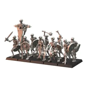 Unpainted 32mm 3D-printed skeleton warriors with swords, spiked maces and round shields, tabletop wargame and RPG miniature for D&D, Pathfinder and rank and flank armies