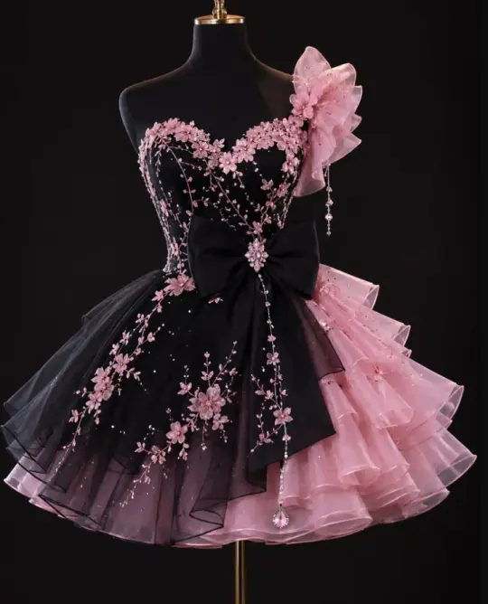 Dreamy Black and Pink Homecoming Dress , Tulle Frilled High End Corset Short Prom Dress Birthday Dress RS1746